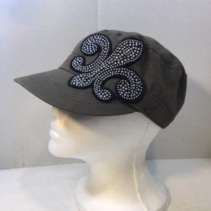 Military Green Cotton Newsboy Cap Hat w/ Rhinestones Fleur De Lis D&Y Elastafit